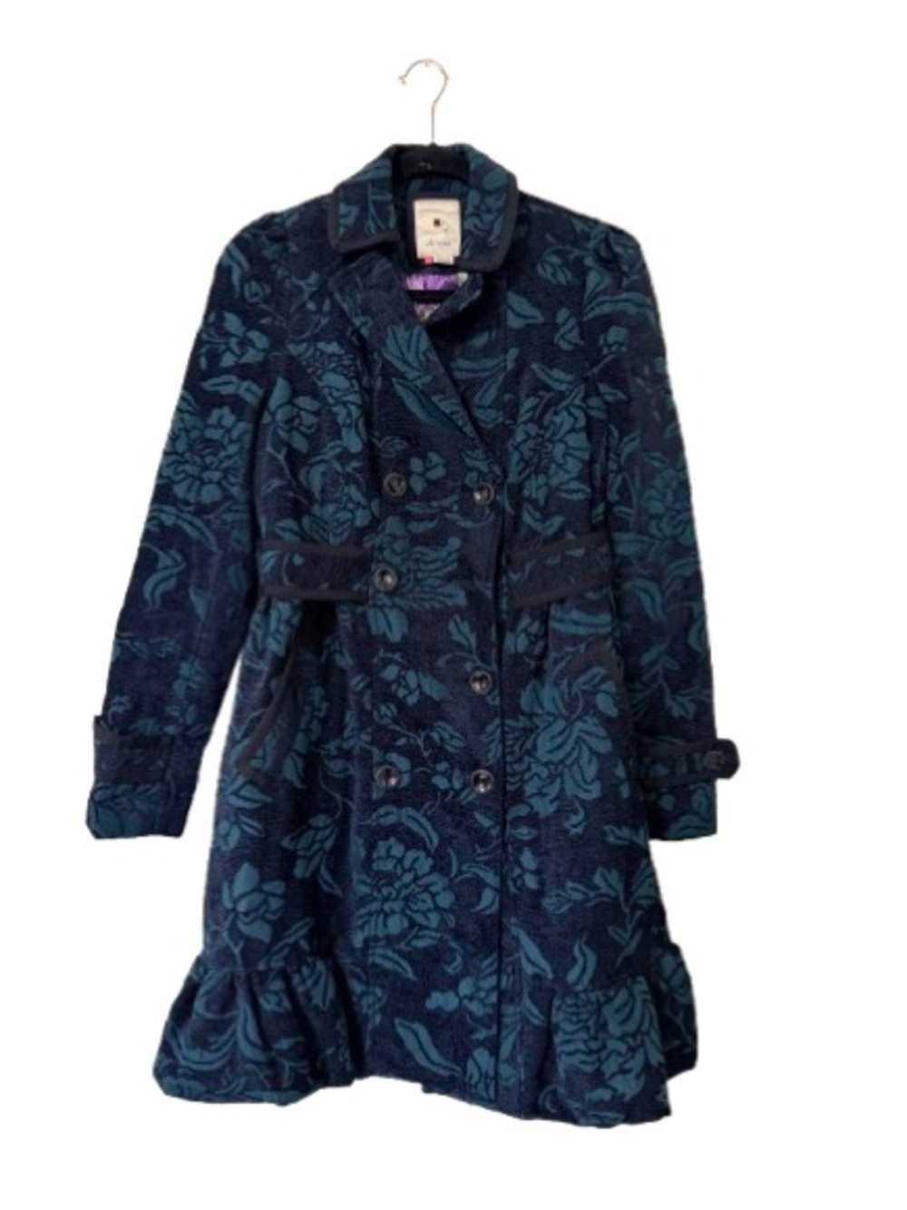 Elevenses Anthropologie Floral Jacquard Ruffle Hem Peacoat Jacket Size 4 - Picture 2 of 7